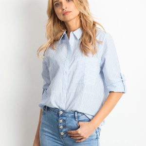 Wholesale Light blue striped shirt with roll-up sleeves