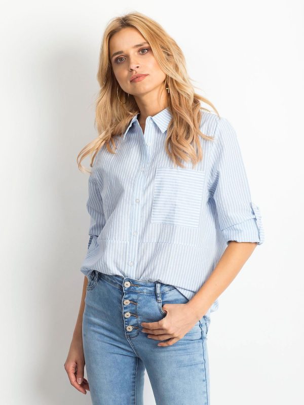 Wholesale Light blue striped shirt with roll-up sleeves