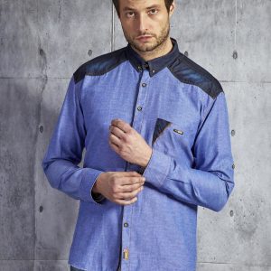 Wholesale Men's cotton shirt with inserts blue PLUS SIZE