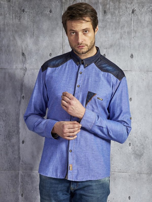 Wholesale Men's cotton shirt with inserts blue PLUS SIZE