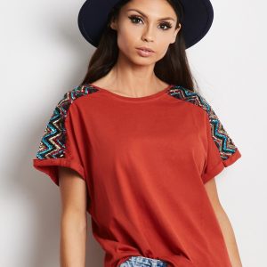 Wholesale Loose t-shirt with sequin applique on the sleeves dark orange