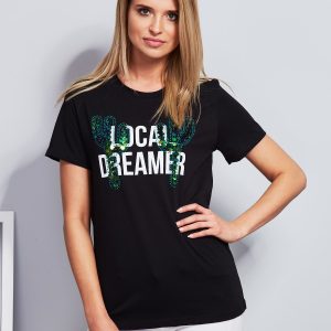 Wholesale Loose t-shirt with cactus with sequins black