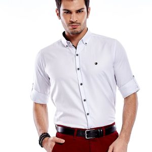 Wholesale Men's white regular fit shirt with roll-up sleeves