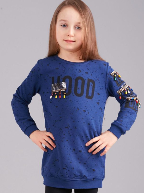 Wholesale Navy blue girl's sweatshirt with print and beads
