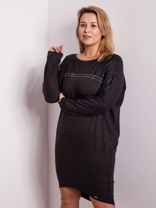 Wholesale Graphite dress with rhinestones and long sleeves PLUS SIZE