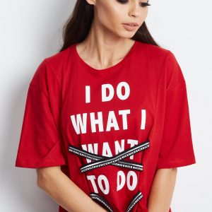 Wholesale Red T-shirt with inscription and graphic tapes