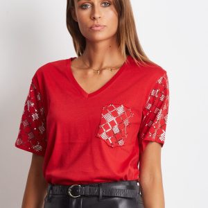 Wholesale Loose V-neck t-shirt with sequins red