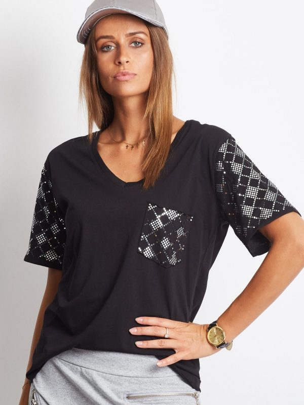 Wholesale Loose V-neck t-shirt with sequins black