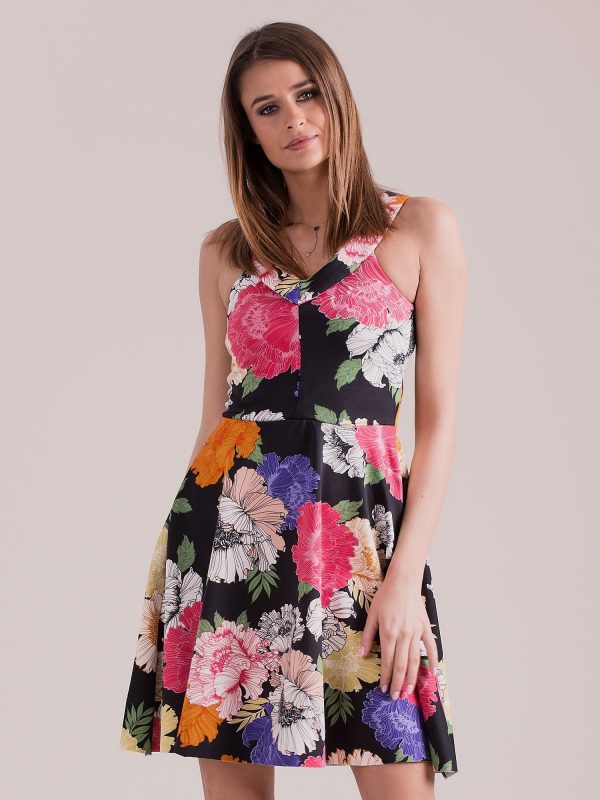 Wholesale Black dress with colorful flowers