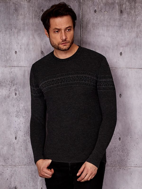 Wholesale Dark gray men's sweater with ethnic pattern modules