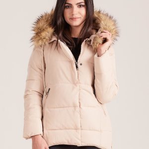 Wholesale Beige quilted jacket for women with fur