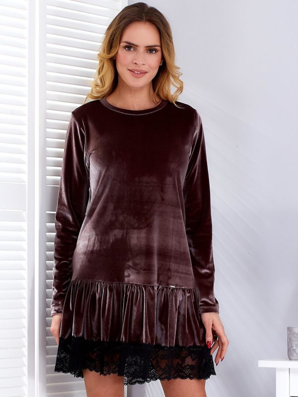 Wholesale Brown Velvet Dress with Lace Ruffle