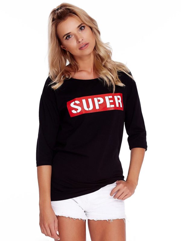 Wholesale Black oversize blouse with the inscription SUPER