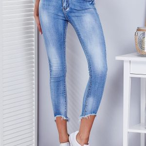 Wholesale Blue denim pants with frayed legs