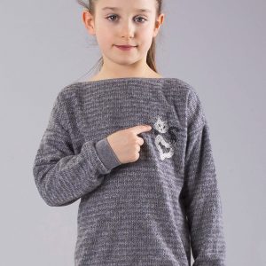 Wholesale Grey girl sweater with shiny thread and applique