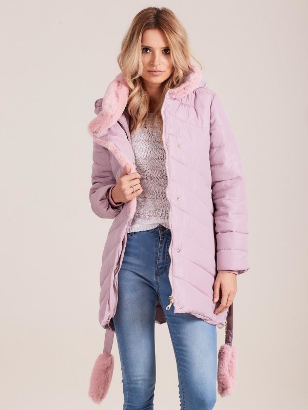 Wholesale Light pink quilted winter jacket with fur