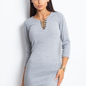 Wholesale Light grey dress with decorative rings at the neckline