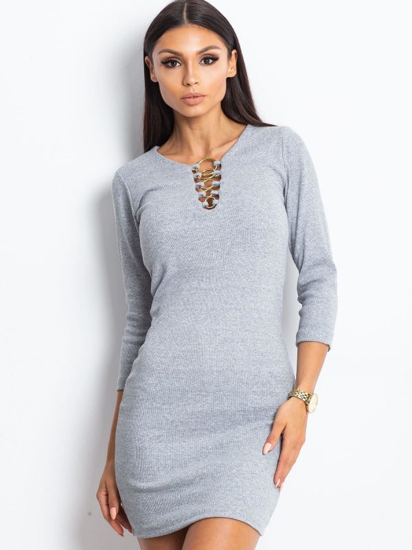 Wholesale Light grey dress with decorative rings at the neckline