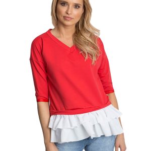 Wholesale Red V-neck blouse with contrasting frill