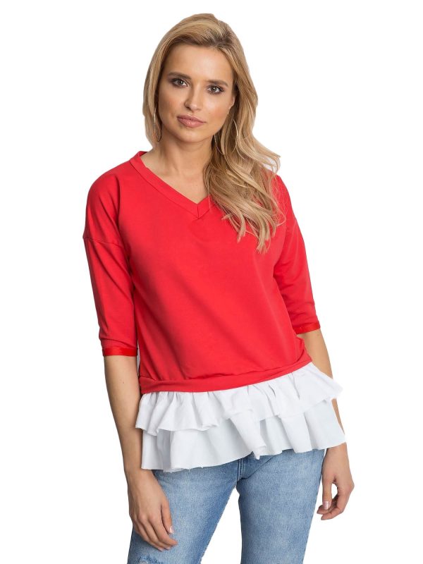 Wholesale Red V-neck blouse with contrasting frill