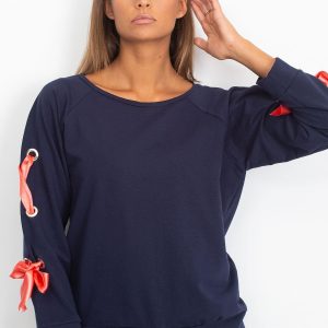 Wholesale Navy blue sweatshirt with bows on the sleeves