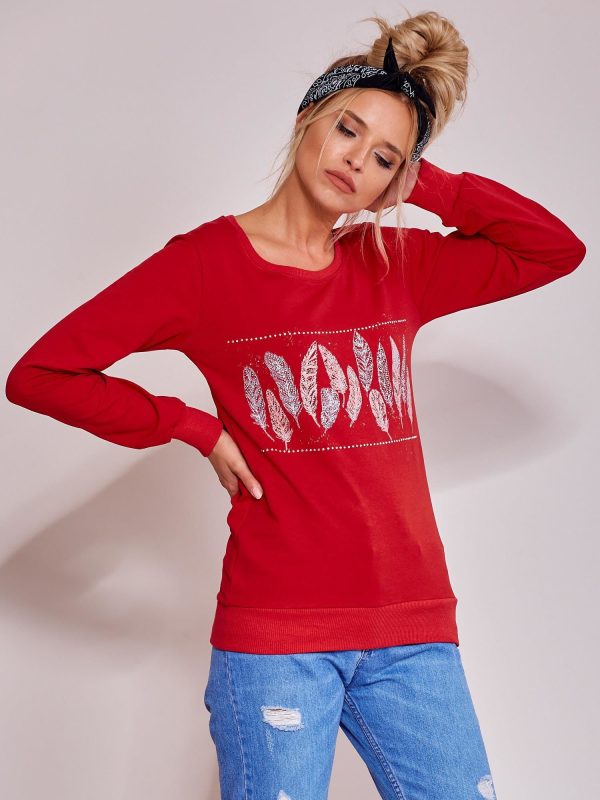 Wholesale Red light sweatshirt with feather print and rhinestones