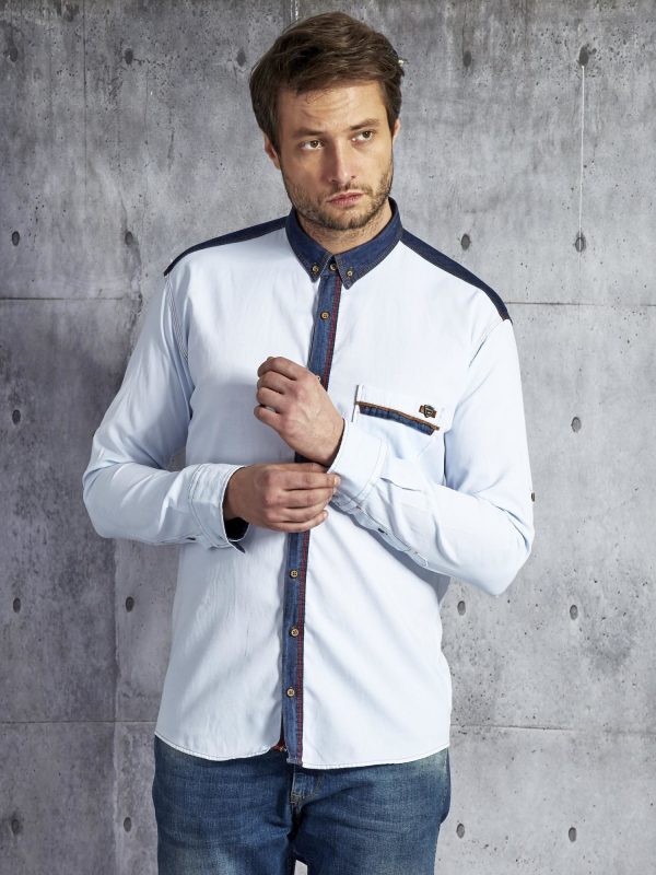 Wholesale Men's shirt with contrasting inserts light blue PLUS SIZE