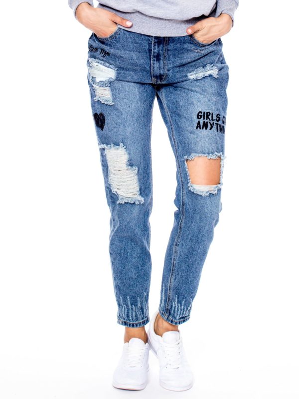 Wholesale Blue mom jeans pants with holes and prints