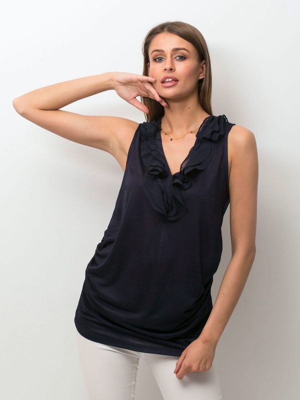 Wholesale Navy blue blouse with frills at the neckline