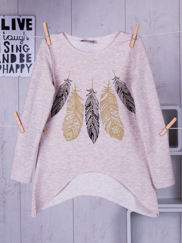 Wholesale Beige tunic for a girl with feathers