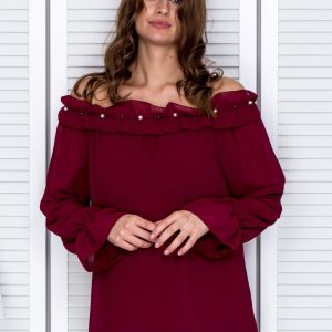 Wholesale Women's blouse with decorative neckline burgundy