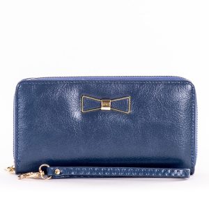 Wholesale Dark blue long zipper wallet with decorative bow