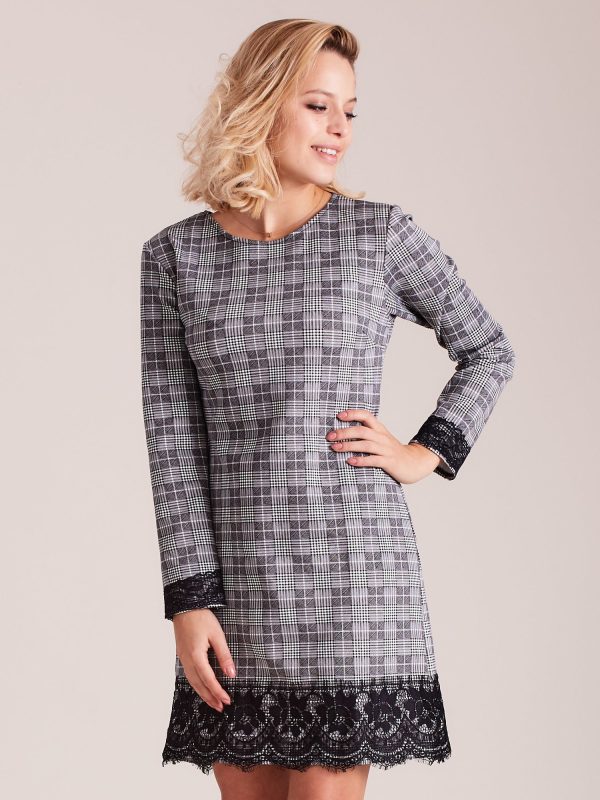 Wholesale Grey Plaid Dress with Lace Trim