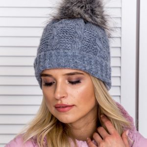 Wholesale Insulated cap with pompom and decorative weave grey