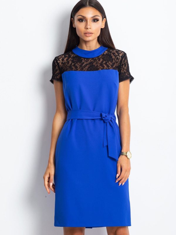 Wholesale Cobalt cocktail dress with lace at the neckline