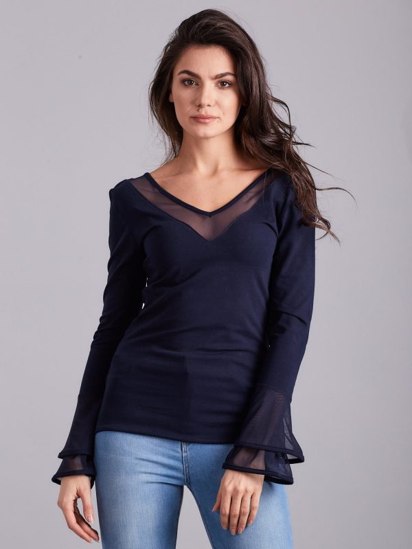 Wholesale Blouse with decorative sleeves navy blue