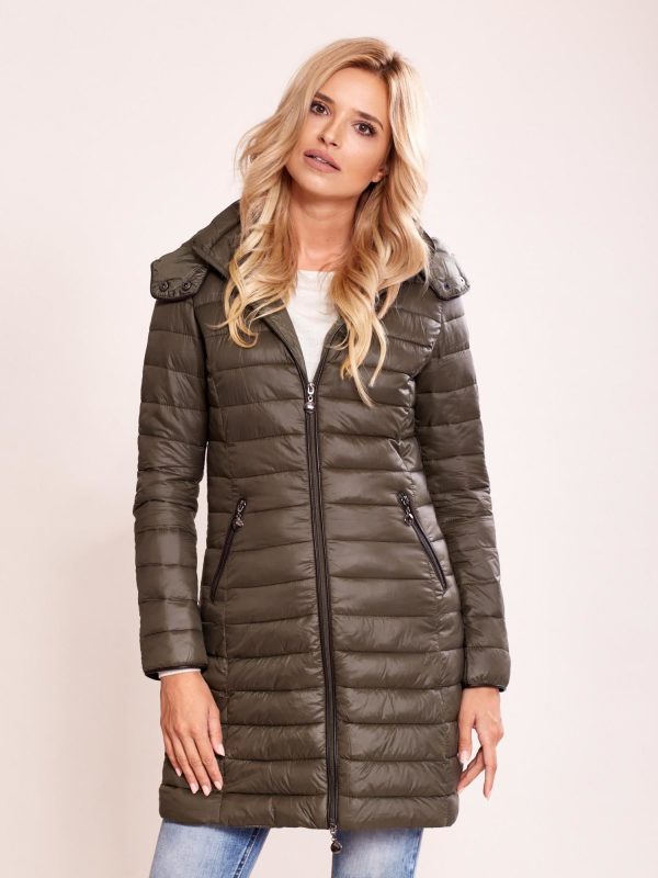 Wholesale Khaki quilted coat with detachable hood