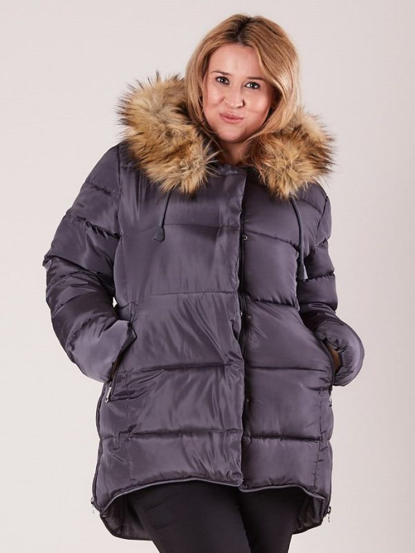 Wholesale Grey quilted jacket for women with fur PLUS SIZE