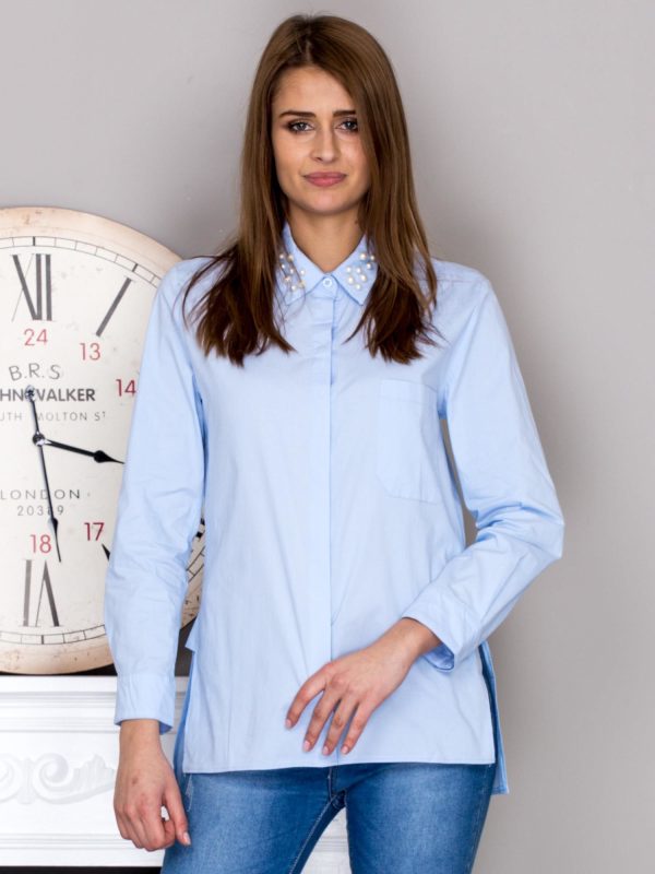 Wholesale Blue shirt with pearls on the collar