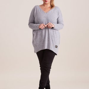 Wholesale Grey light V-neck melange sweater PLUS SIZE