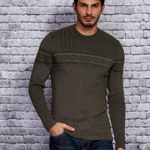 Wholesale Green men's sweater with ethnic pattern module