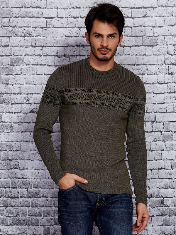 Wholesale Green men's sweater with ethnic pattern module