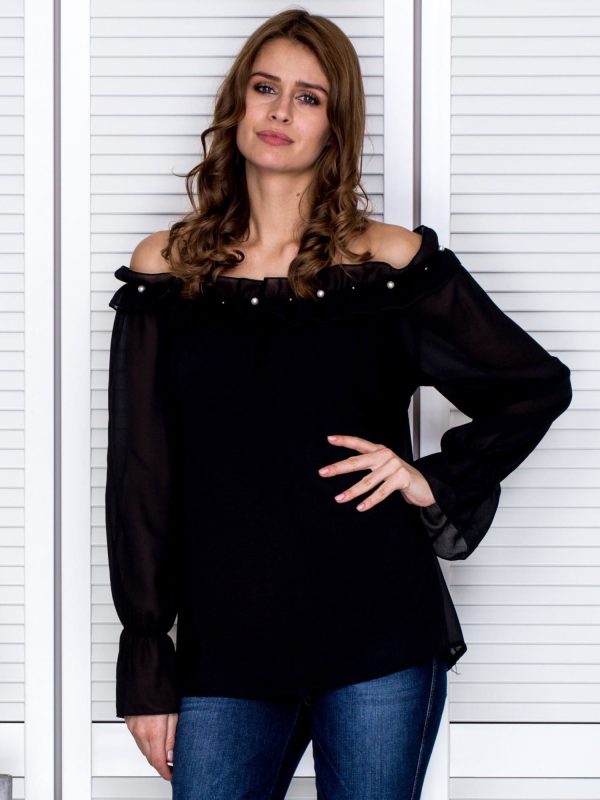 Wholesale Women's blouse with decorative neckline black