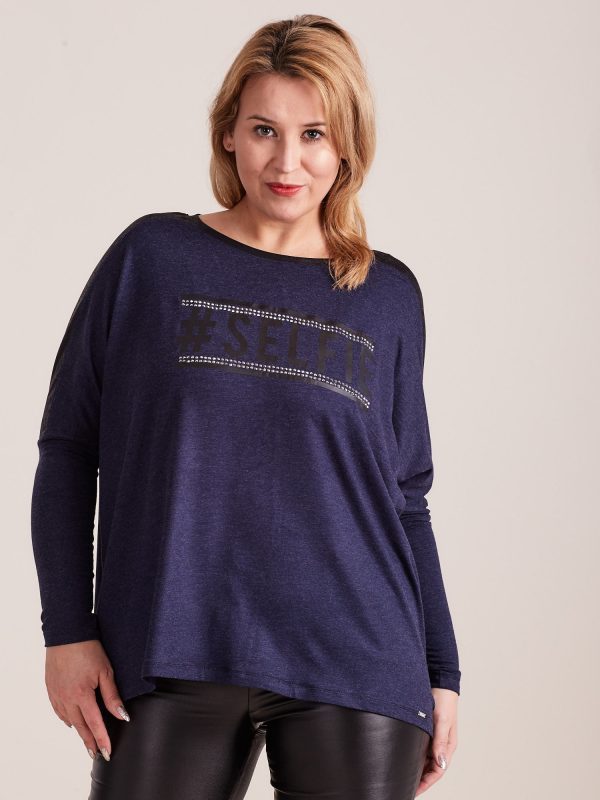 Wholesale Navy blue blouse with plus size lettering and rhinestones