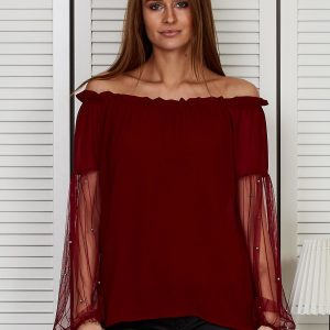 Wholesale Spanish blouse with mesh sleeves burgundy