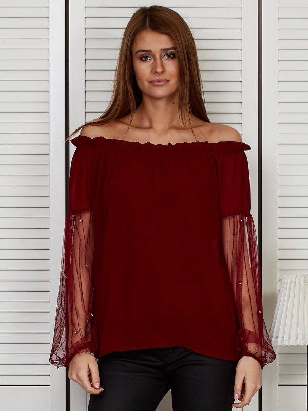 Wholesale Spanish blouse with mesh sleeves burgundy