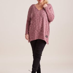 Wholesale Burgundy light melange sweater V-neck PLUS SIZE