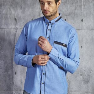 Wholesale Cotton men's shirt with pocket blue PLUS SIZE