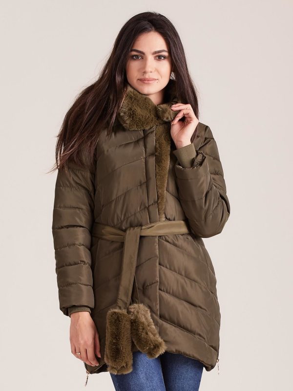 Wholesale Khaki quilted winter jacket with fur