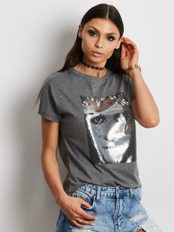 Wholesale T-shirt with glossy face print dark grey